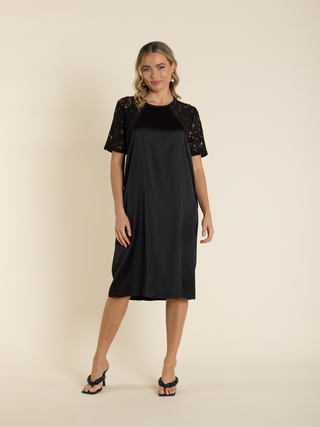 Satin Dress with Lace Sleeves-Black