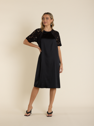 Satin Dress with Lace Sleeves-Black