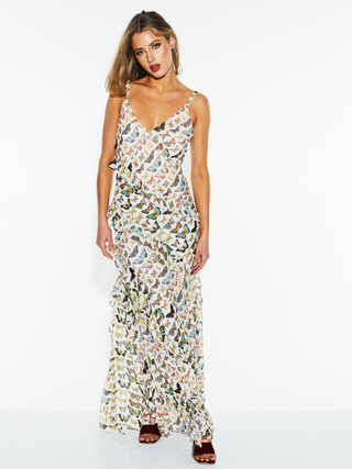 Taking Flight White Butterly Ruffle Maxi Dress