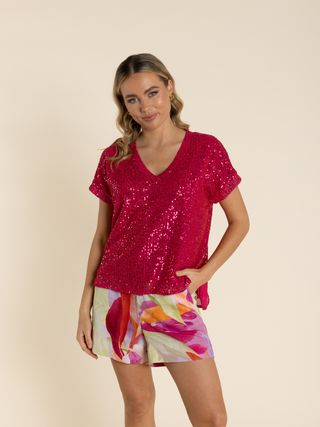 Sequin Dropped Shoulder Top - Raspberry