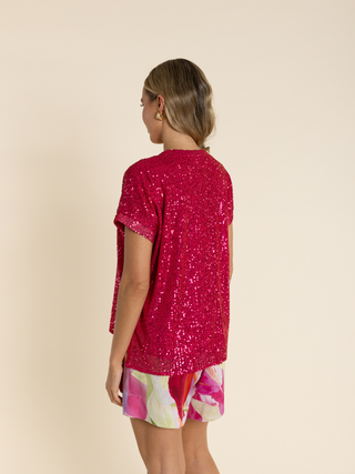 Sequin Dropped Shoulder Top - Raspberry