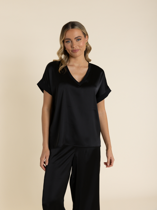 Satin Dropped Shoulder Top - Black